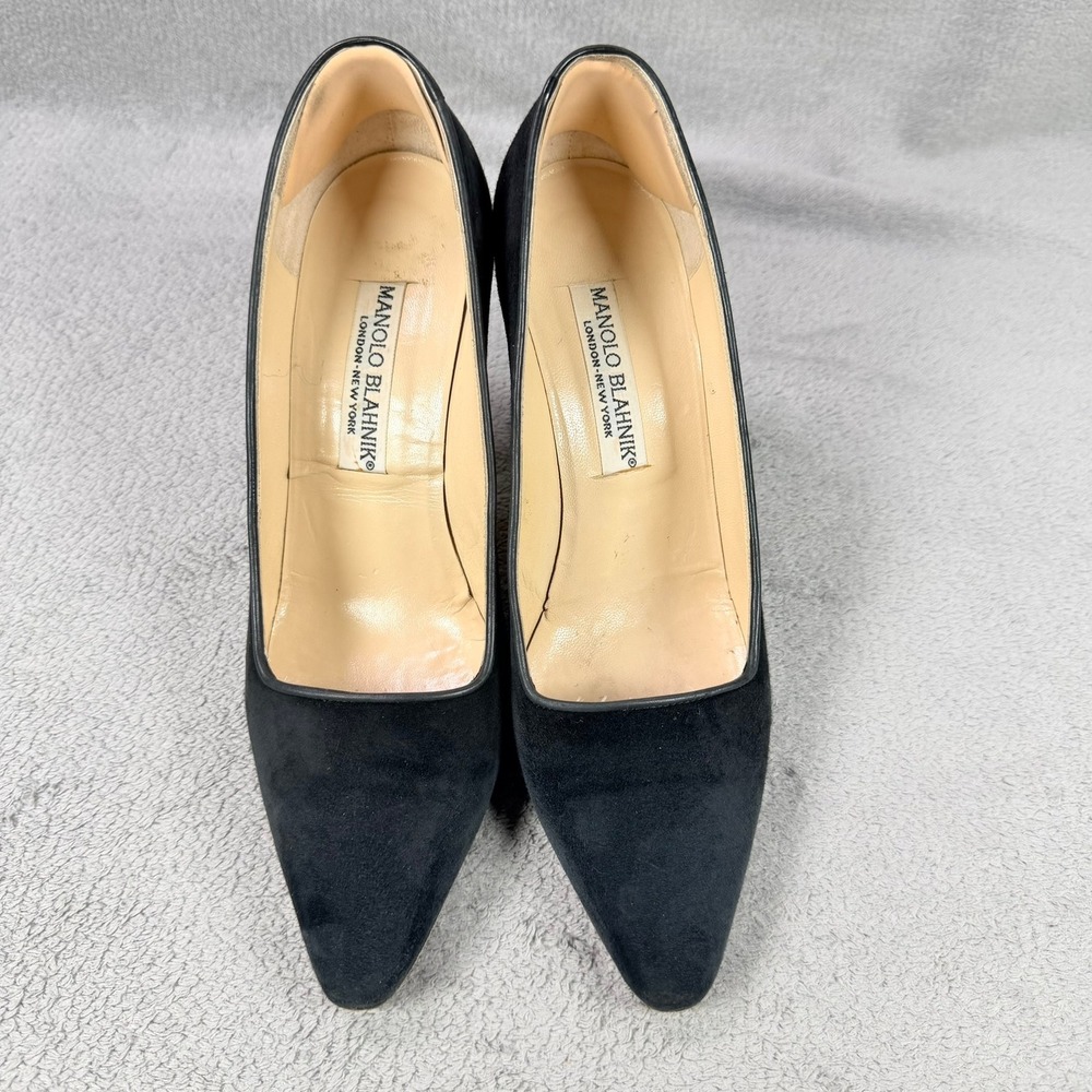 Manolo Blahnik Womens 38.5 Black Suede Leather Trim Pointed Toe Stiletto Pumps - Picture 2 of 11
